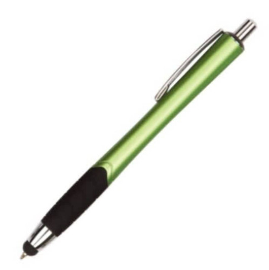 A green stylus pen with a black grip and silver accents, featuring a logo on the side.