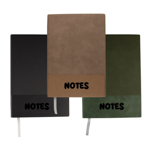 A notebook set featuring three A5 notebooks in black, brown, and green, each with a textured cover and a logo.