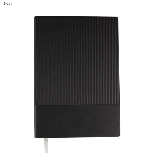 A black A5 notebook with a textured cover and a smooth bottom section. Contains a logo on the front.