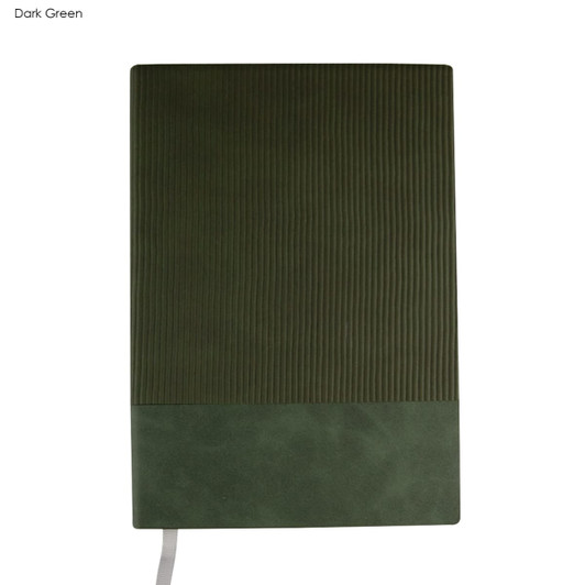 Dark green A5 notebook with ribbed texture and a smooth bottom section; includes a ribbon marker and branding.