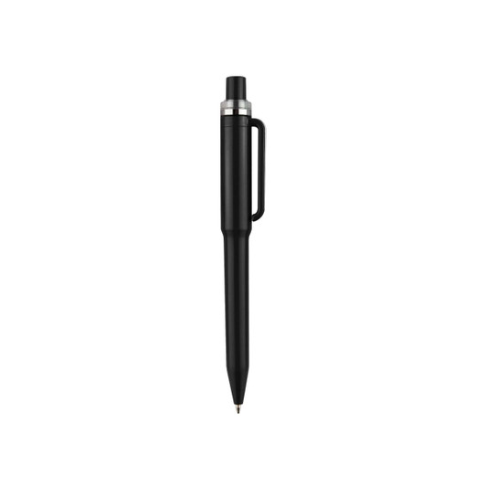A black plastic pen with a silver clip and detailing, featuring a simple, sleek design. It has a logo on the barrel.