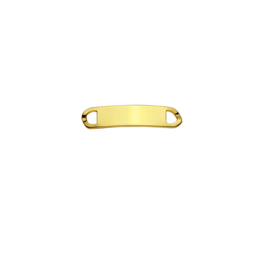 A gold shoelace charm with two attachment holes on each end, featuring a shiny metallic finish.