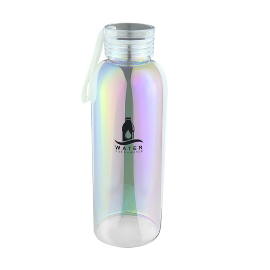 A drink bottle with an iridescent finish, featuring a secure screw lid and a logo on the front.