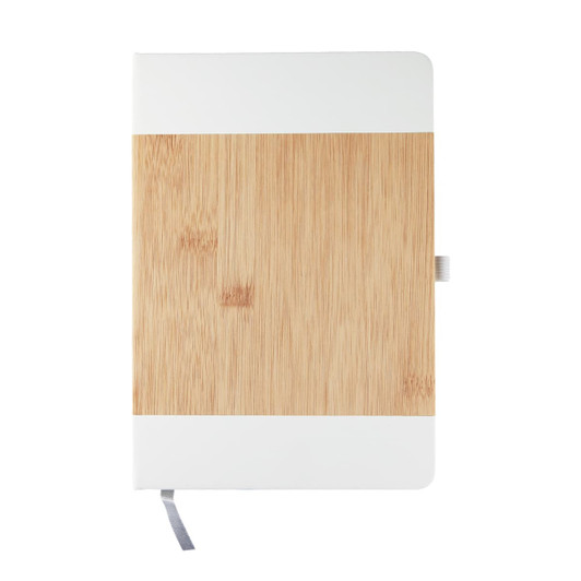 A notebook with a bamboo cover and white accents, featuring a grey ribbon bookmark.