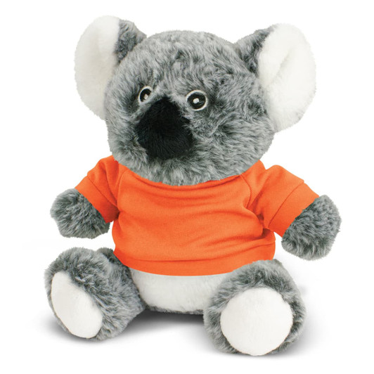 A grey koala plush toy wearing an orange shirt, featuring large eyes and soft fabric. It has a round nose and white accents.