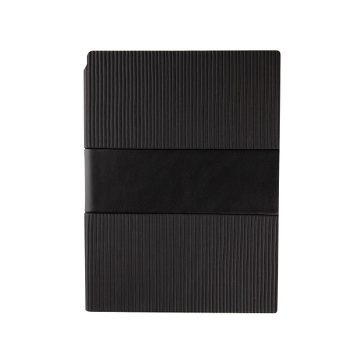 A black notebook with a ribbed texture and a smooth black band, featuring a logo.
