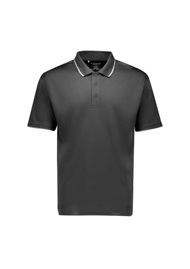 A men's short sleeve polo in dark grey with a contrasting collar and an embedded logo.