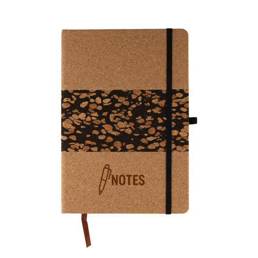 A cork notebook featuring a coffee grounds design band, with a black elastic closure and a ribbon marker.