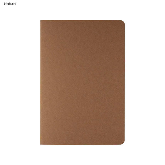 A brown notebook with a natural finish featuring rounded corners and a simple design. It has a logo on the cover.