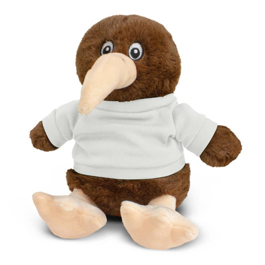 A brown Kiwi plush toy with a beige beak and feet, wearing a white T-shirt. It has a logo on the shirt.