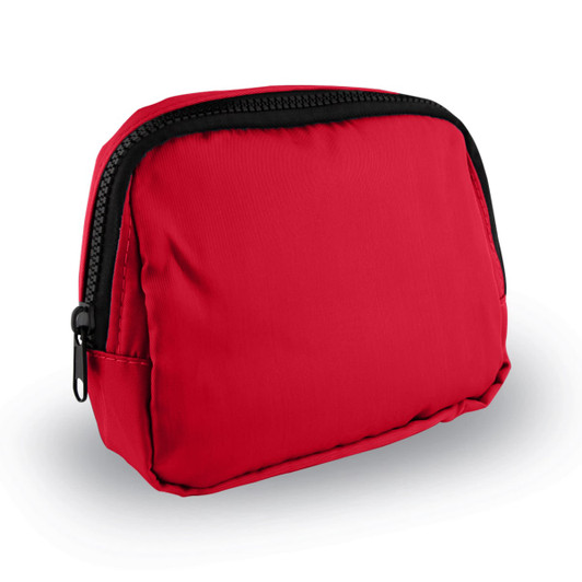 A red belt bag with a black zipper, featuring a small pocket on the side and a textured exterior. It has a logo.