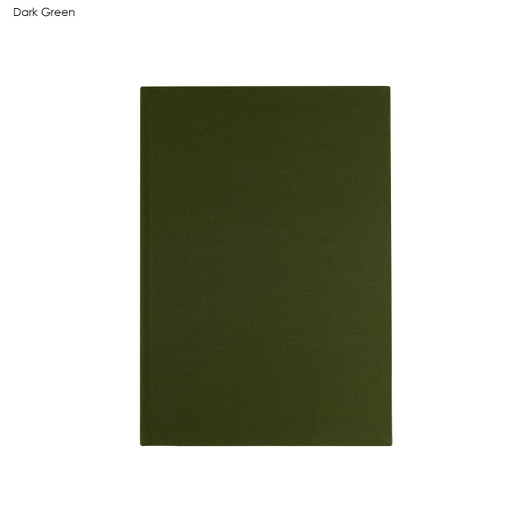 A dark green notebook with a textured cover, featuring a minimalist design and a logo on the front.