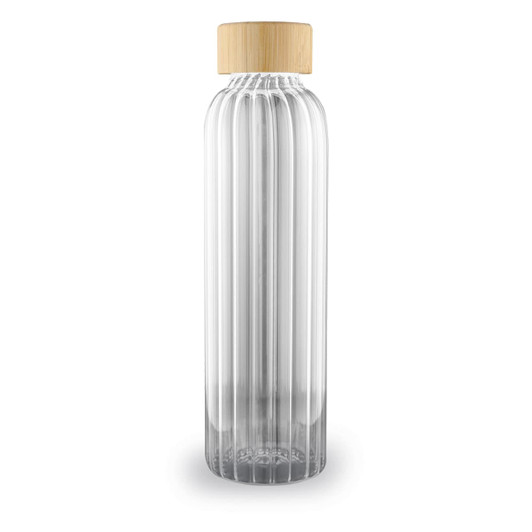 A drink bottle with a ribbed glass design and a bamboo lid, featuring a clear and elegant appearance.