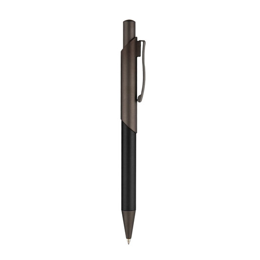 A metal pen with a sleek black and bronze design, featuring a clip and a pointed tip. It includes a logo.