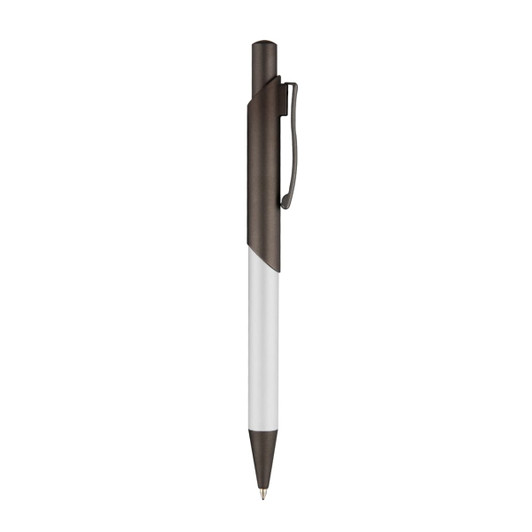 A metal pen featuring a white body and dark brown accent with a clip and branding.