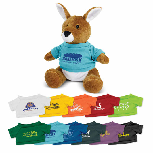 A kangaroo plush toy in brown with a blue t-shirt, surrounded by various coloured t-shirts for customization.