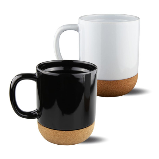 Two mugs with cork bases: one black and one white, both featuring large handles.