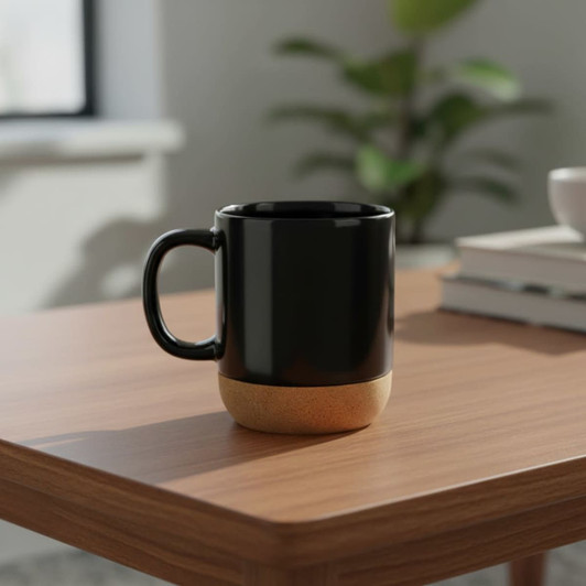 A black ceramic mug with a cork base, positioned on a wooden table with greenery in the background.