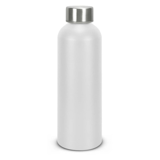 A drink bottle in matte white aluminium with a silver stainless steel cap and a logo.