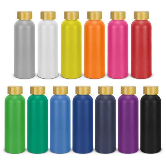 A drink bottle collection featuring various colours including silver, white, yellow, pink, red, orange, green, navy, and black, with gold caps.