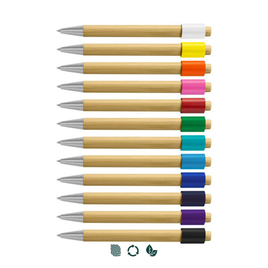 A collection of bamboo spinner pens in various colours, featuring silver tips and clips, arranged in a row.