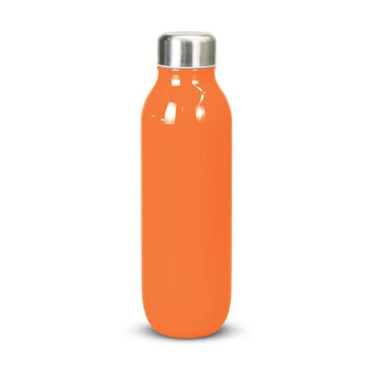 An orange vacuum bottle with a stainless steel cap and a sleek, smooth design.