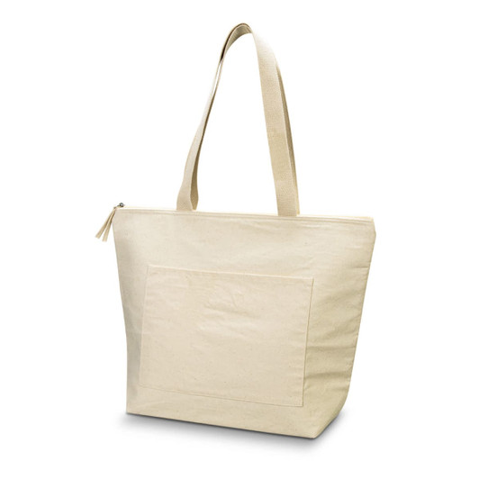 A beige cotton cooler tote with a zippered top and a front pocket. It has sturdy handles and features a logo.