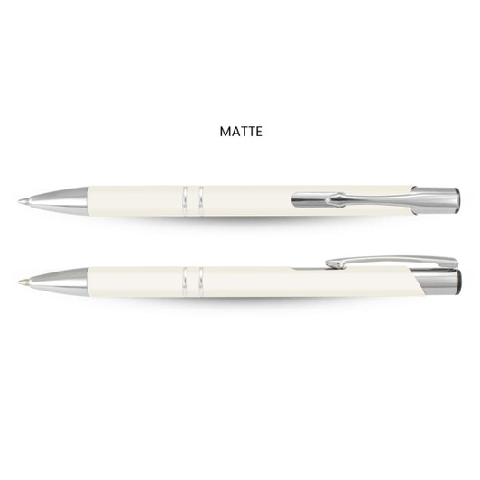 A matte white pen with silver accents, featuring a sleek design and a clip for attachment.