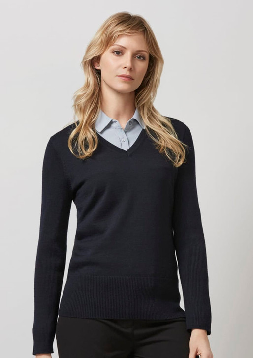 A dark navy pullover jumper with a V-neck design, worn over a light blue shirt. It features long sleeves and a fitted style.