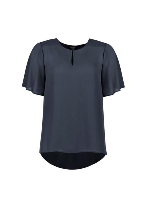 A short sleeve blouse in dark blue, featuring a keyhole neckline and a relaxed fit. It has a branding logo.