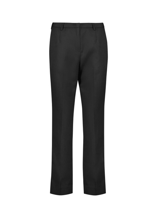 A pair of black tapered leg pants with an adjustable waist and side pockets, featuring subtle branding.