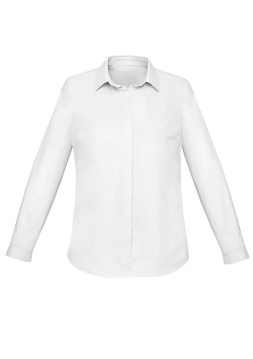 A white long sleeve button-up shirt for women, featuring a classic collar and cuffs, with a simple design.