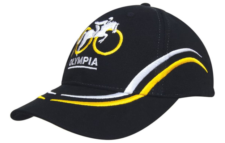A black cap with curved embroidery in yellow and white, featuring a logo on the front and a peaked brim.