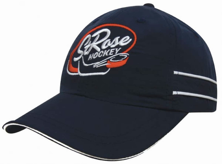 A navy microfibre sports cap featuring white piping and embroidery with a logo.