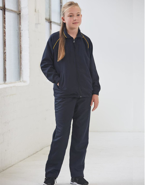 A navy track jacket featuring yellow accents, styled for kids, paired with matching trousers.