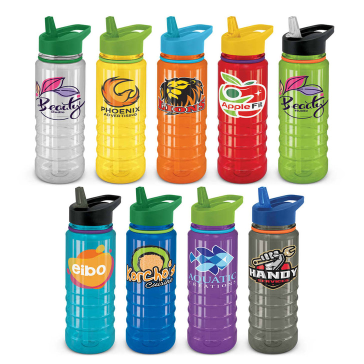 A drink bottle collection featuring various colours including clear, orange, blue, green, and grey, each with unique designs and logos.