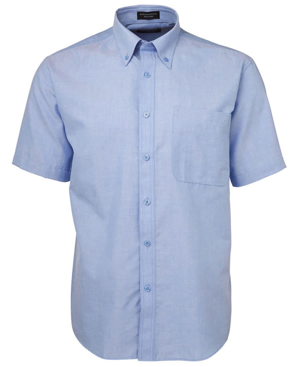 A short-sleeve button-up shirt in light blue with a chest pocket and a logo.