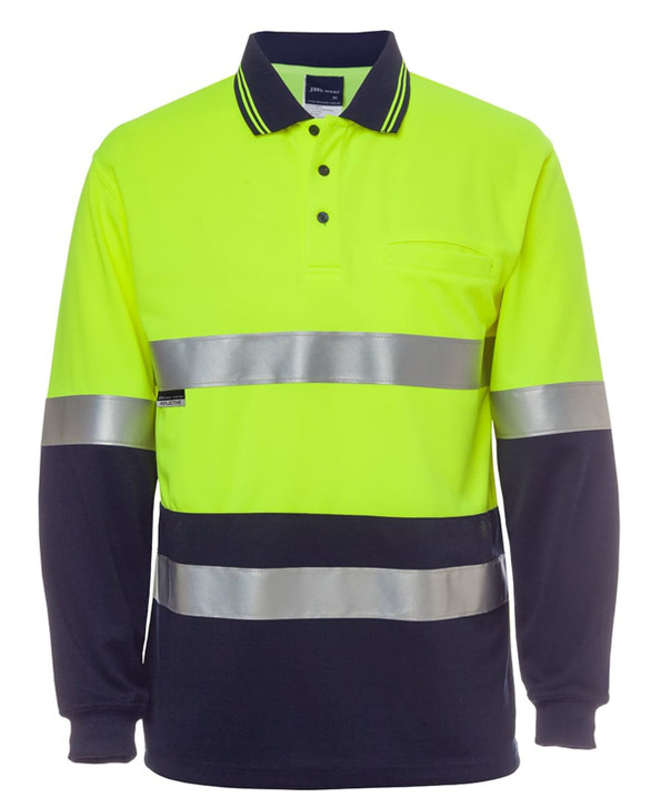 A long-sleeved high-visibility polo shirt in bright yellow and navy, featuring reflective stripes and a logo.