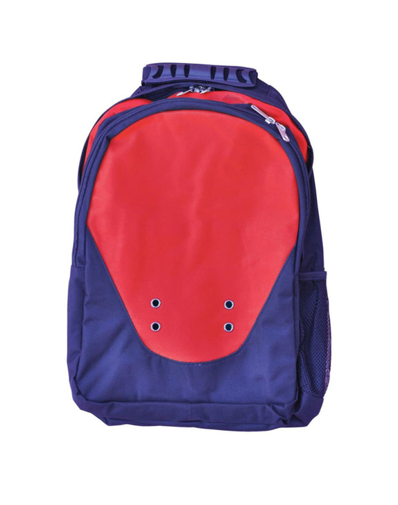 A navy blue backpack with a red front panel and mesh side pockets. It features a logo on the upper section.