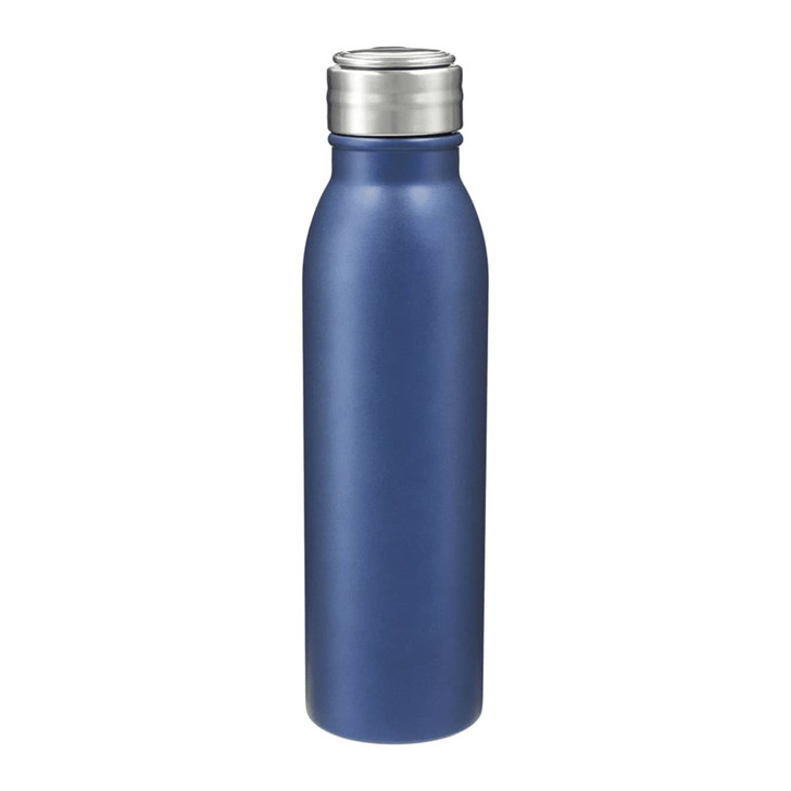 A drink bottle in matte navy blue with a stainless steel lid and a sleek, modern design. It features a logo on the body.