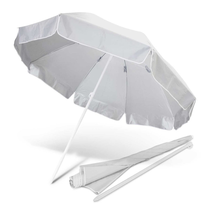 A Bahama Beach Umbrella in grey, featuring a white pole and a folding design for easy transport.