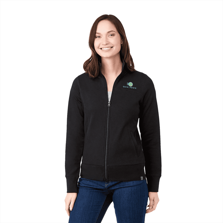 A black women's polar fleece jacket featuring a full zip and a logo on the left chest.