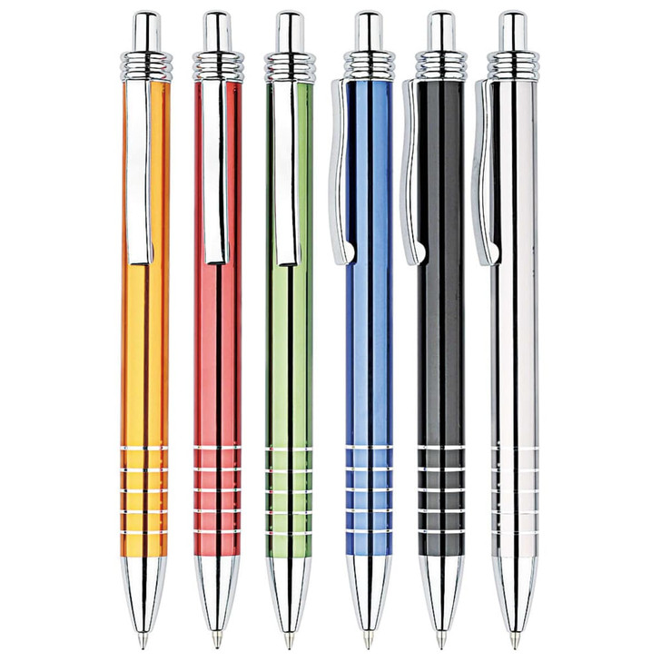 A set of six metal pens in orange, red, green, blue, black, and silver, featuring a metallic finish and clip.