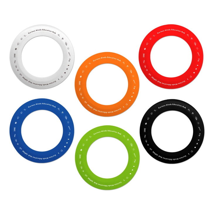 A set of six silicone flyers in white, orange, red, blue, green, and black, featuring various designs and a logo.