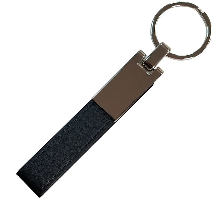 A key holder featuring a sleek black leather strap and a metallic keyring attachment.