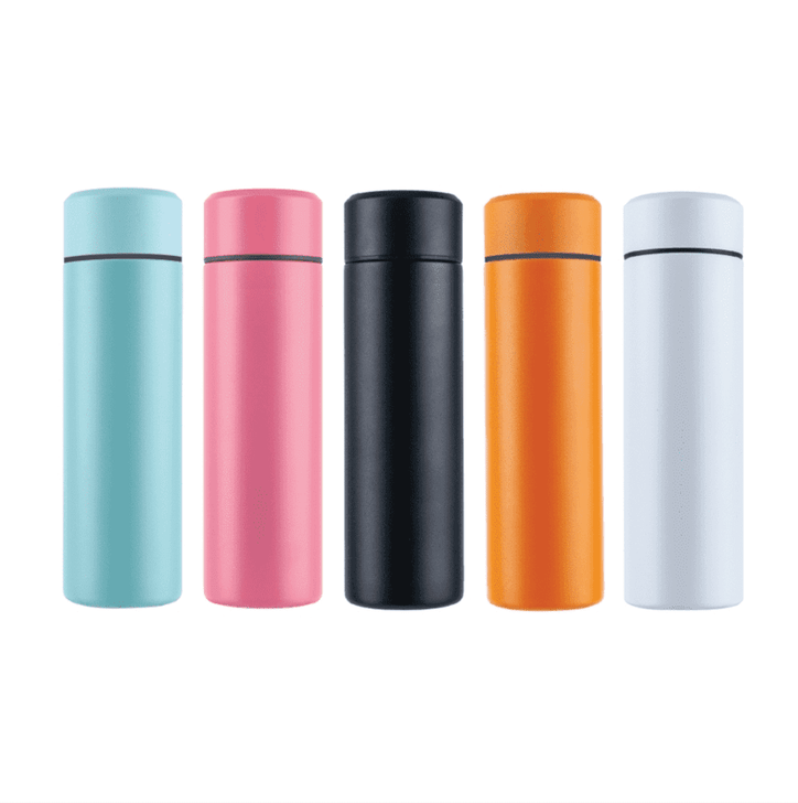 A drink bottle collection featuring light blue, pink, black, orange, and white colours, each with a sleek design and lid.