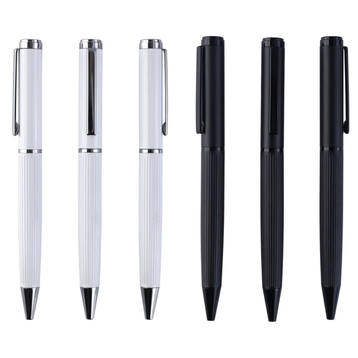 A set of pens in white and black, featuring sleek metal designs and clips. Each has a shiny finish and a logo.