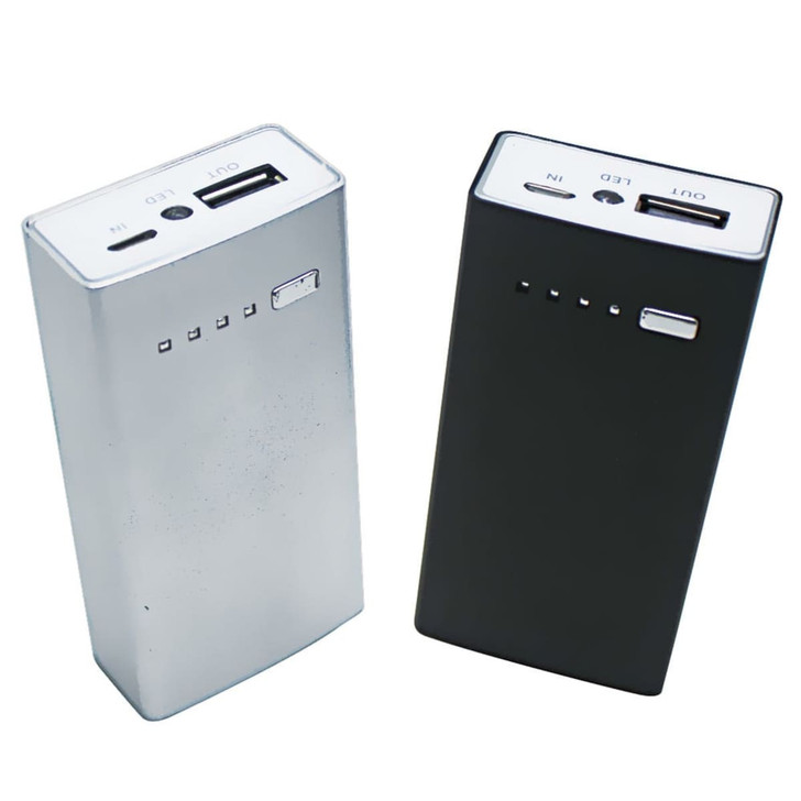 A silver and black 4000 mAh power bank featuring USB ports and an LED indicator. The product has a sleek design.