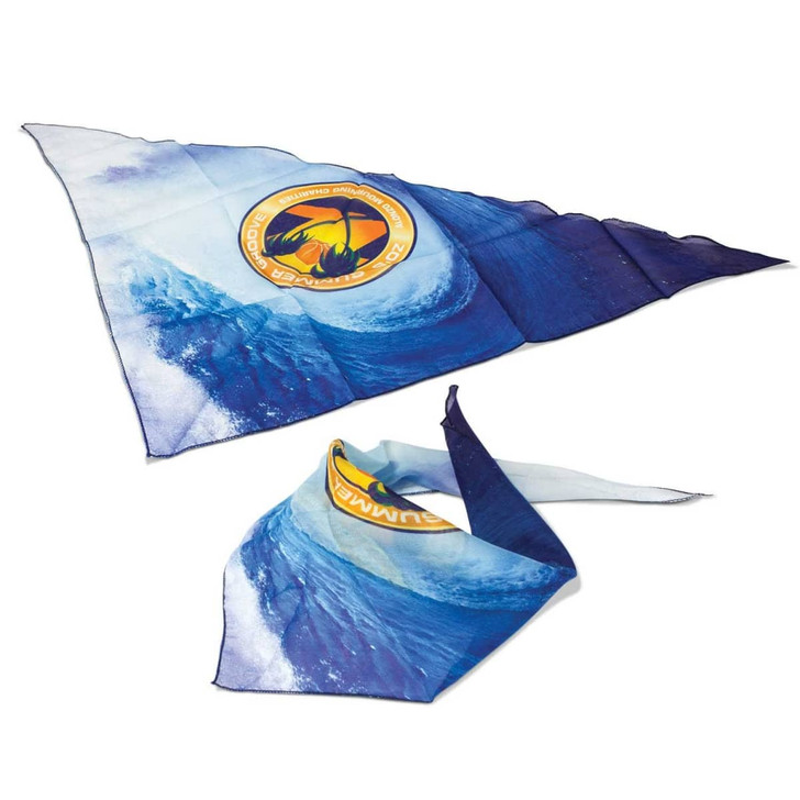 A triangle bandana featuring a vibrant design with a wave and a circular logo, showcasing a gradient of blue tones.