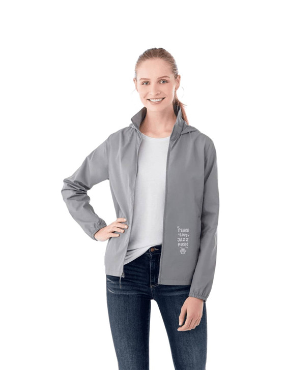 A light grey women's packable rain jacket with a logo on the front, featuring a zippered closure and elastic cuffs.